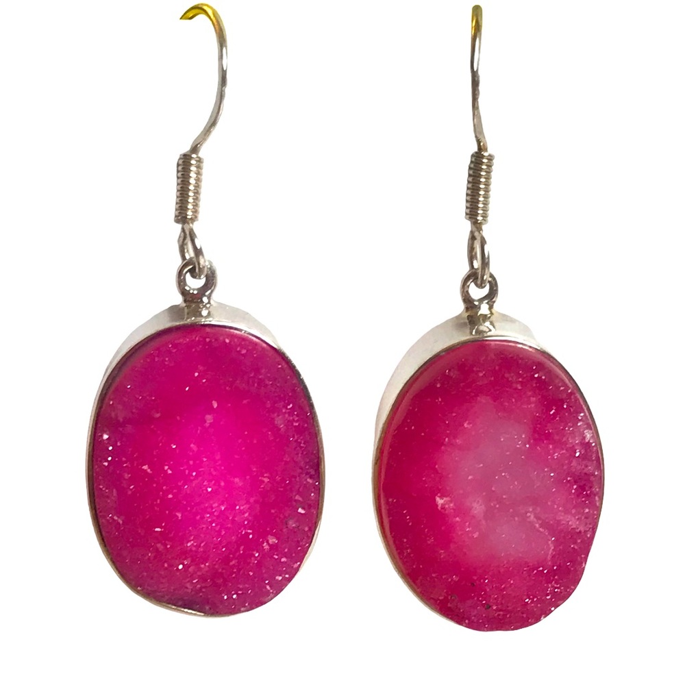 Pink Druzy Sterling Silver Earrings Aura Quartz Energy Balancing Crystal Yoga